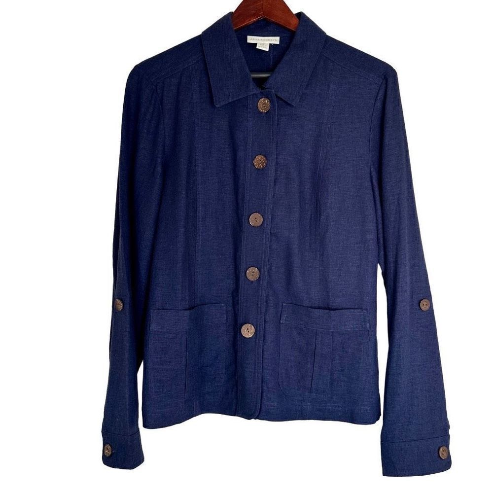 Appleseeds Womens Linen Blend Shacket Blazer Lightweight Navy Blue Button Front